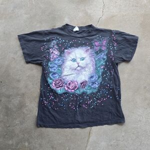 Vtg 90s Cat Art Aop Single Stitch Shirt Large